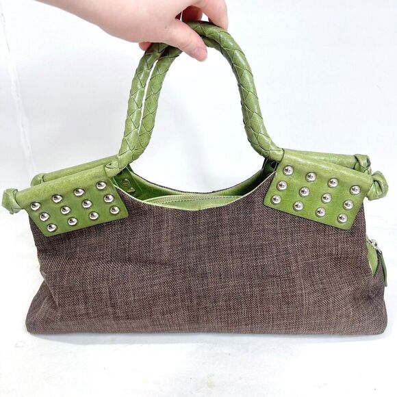 Matt & Natt Anthropologie Green Faux Leather Brown Studded Handbag Studded - Picture 3 of 13